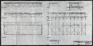 852405 Aanzichten, doorsneden, plattegrond en palenplan van de te bouwen goederenloods bij het N.S.-station Boskoop te ...